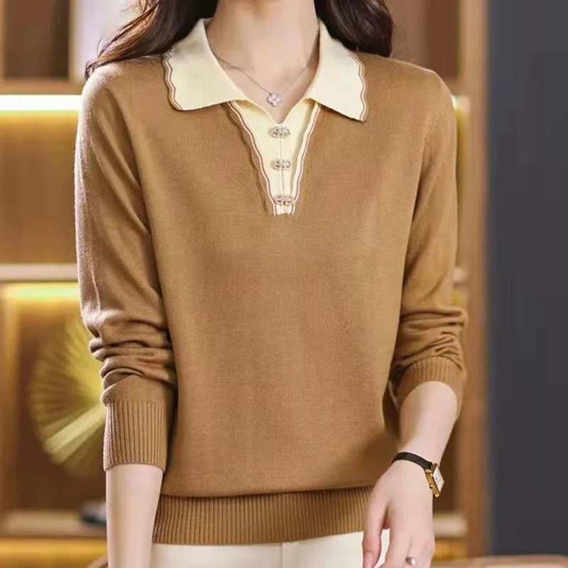 New Spring and Autumn Fashion Splicing Polo Neck Trend Versatile Loose Style Commuter Contrast Color Middle Age Mom Sweater