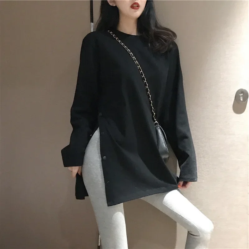 2024 spring Split Side Button White black Long Tshirt O-Neck Women shirts autumn Arrival Harajuku solid oversized T shirt tops