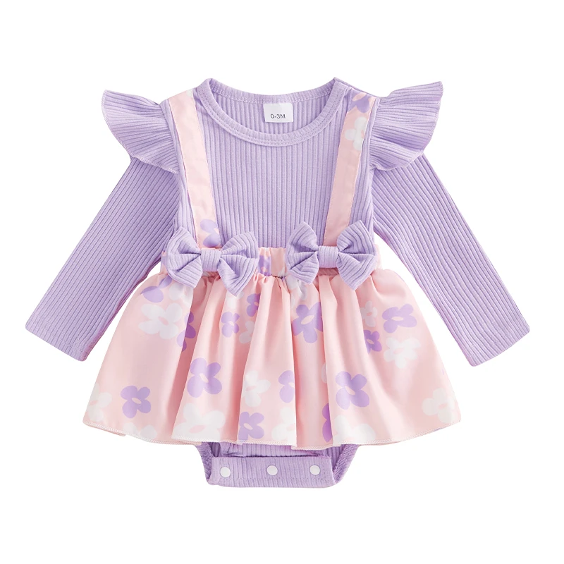 

Baby Girl Fall Bodysuit Long Sleeve Bow Front Floral Print Romper Dress Newborn Winter Playsuit