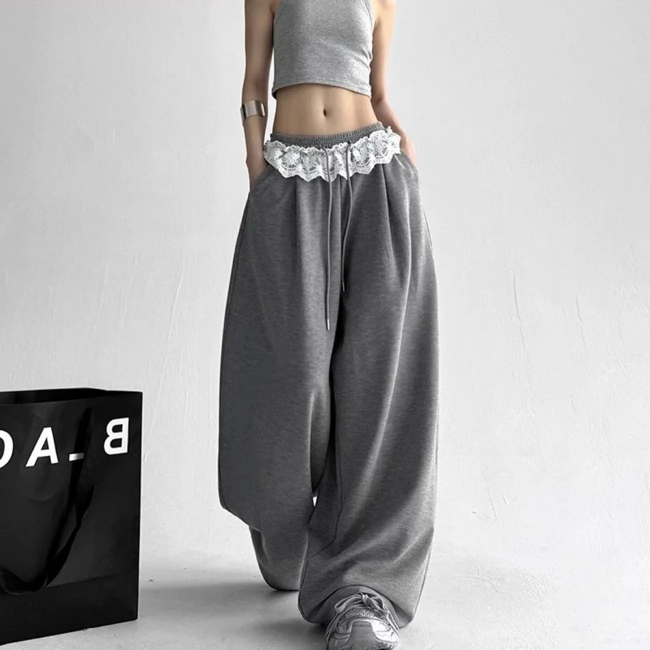 Wide Leg Pants Drawstring Womens Winter Double-layer Thick Plush Padded Cashmere Cozy Nightwear Flocking Warmth Lining Trousers