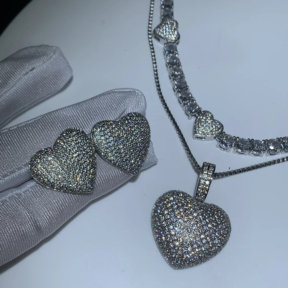 Iced Out Bling 5A CZ Sparking Fashion Women Jewelry Full Micro Paved CZ Puffy Heart Earring Necklace Set