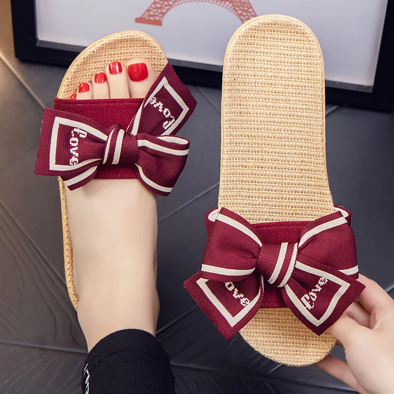 Mntrerm große Schleife Hausschuhe Indoor rutsch feste Hausschuhe weichen Boden Viskose Leinen Sandalen und Hausschuhe – Detail 5