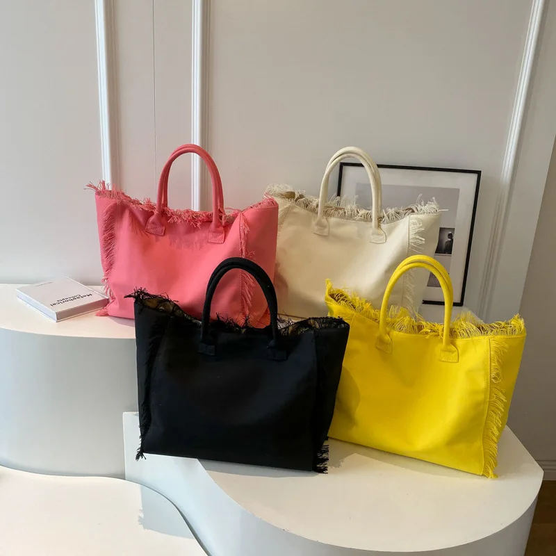 New Fashion Tassel Tote Bag 2024 Pink Yellow Black White Canvas Bag Big Handbag Women\'s Large Capacity Shoulder Bag