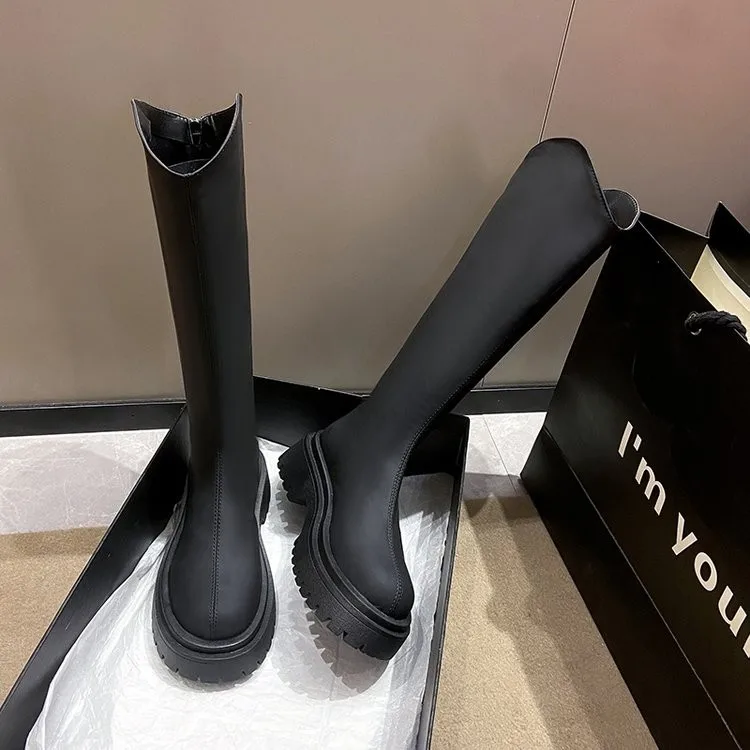 2024 Retro Round Head Winter Women's Thigh High Boots Fashion Back Zipper Long Knight Boots Women's Thick Sole Women's Shoes