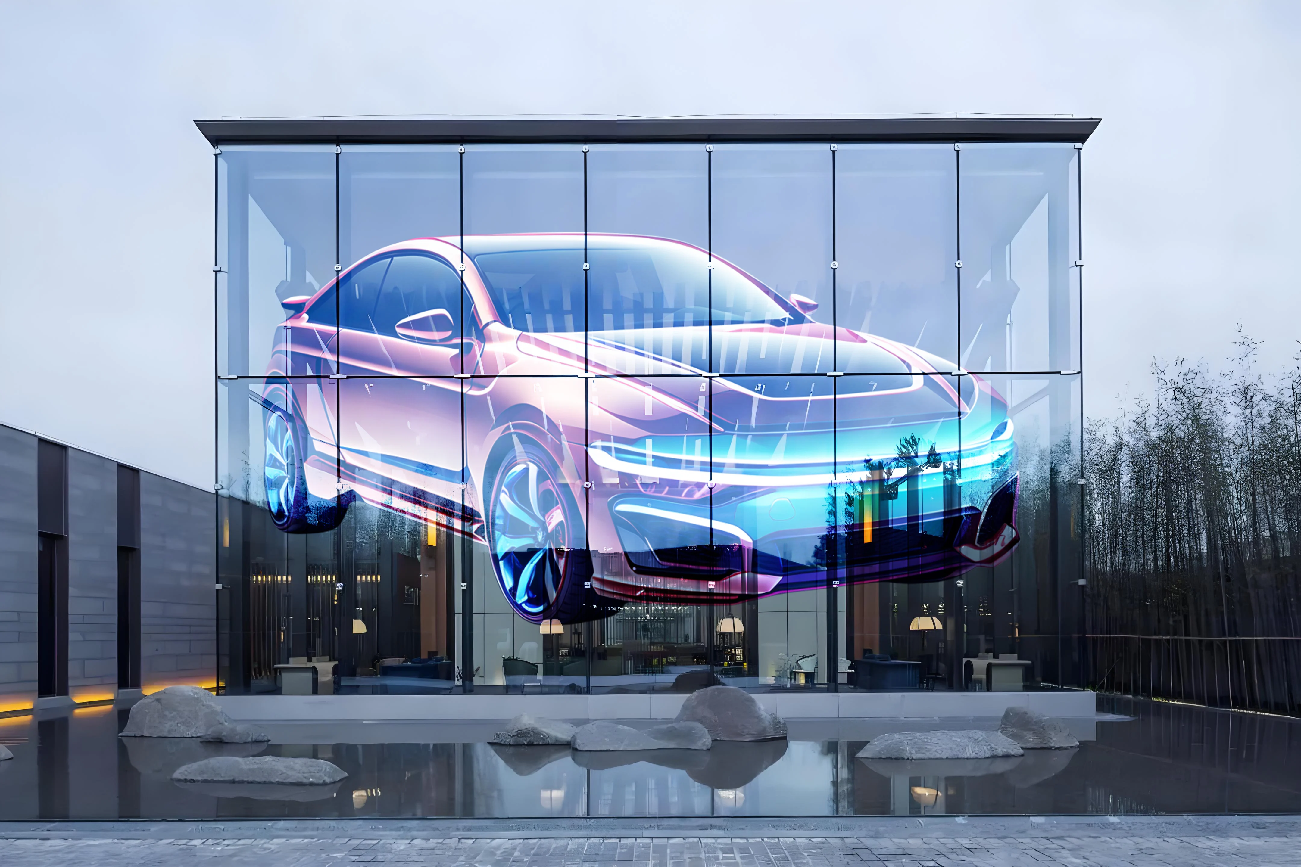 Klarer HD-P4-20-Film, transparenter LED-Bildschirm, Auto-Ausstellungsraum, 4S, Geschäfte, Glasfenster, Einkaufszentrum, LED-Werbung, transparentes Display