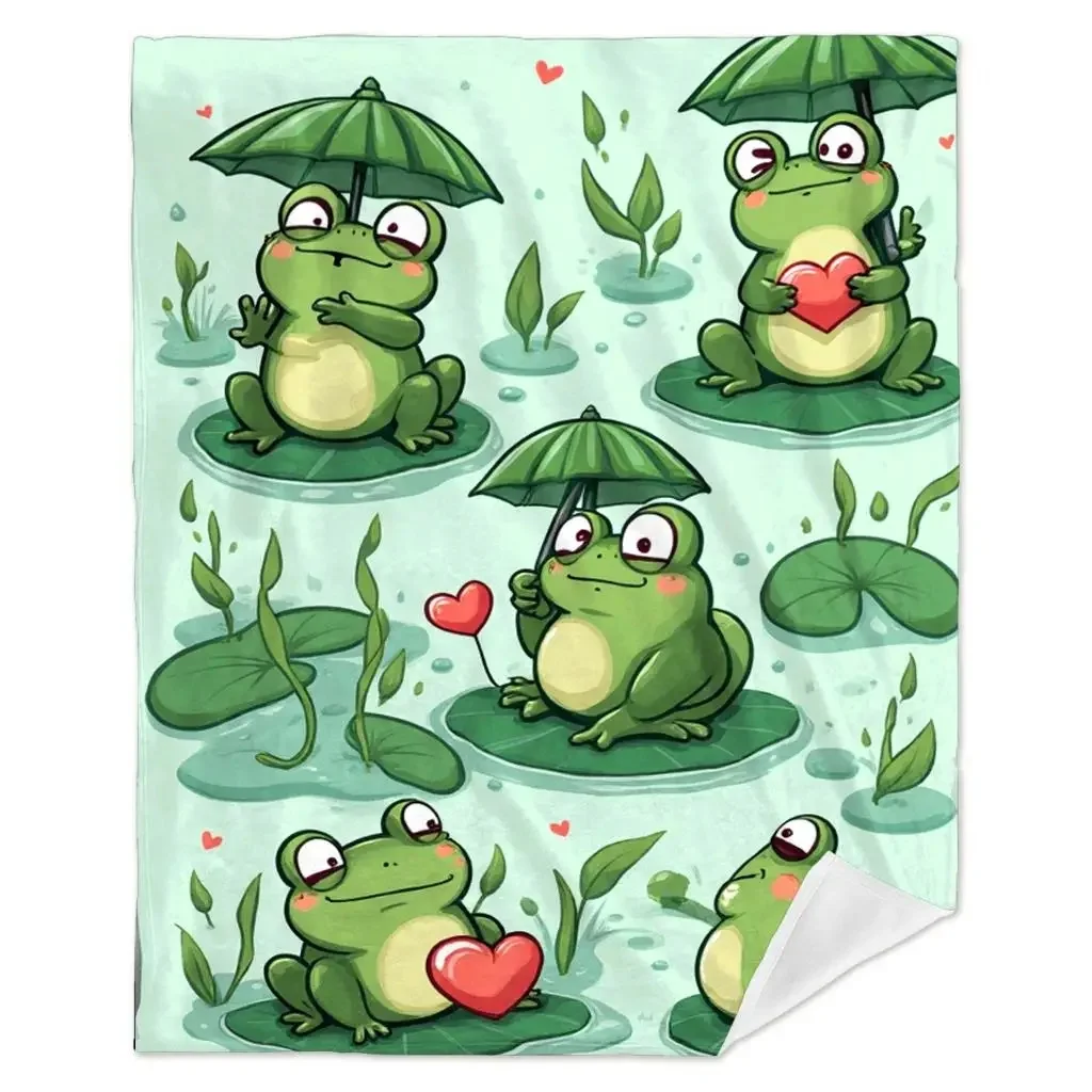Cute Frog Blanket Cartoon Frog With Umbrella And Heart Green Water Lily Leaf Design Soft Fleece Blanket In Autumn And Winter