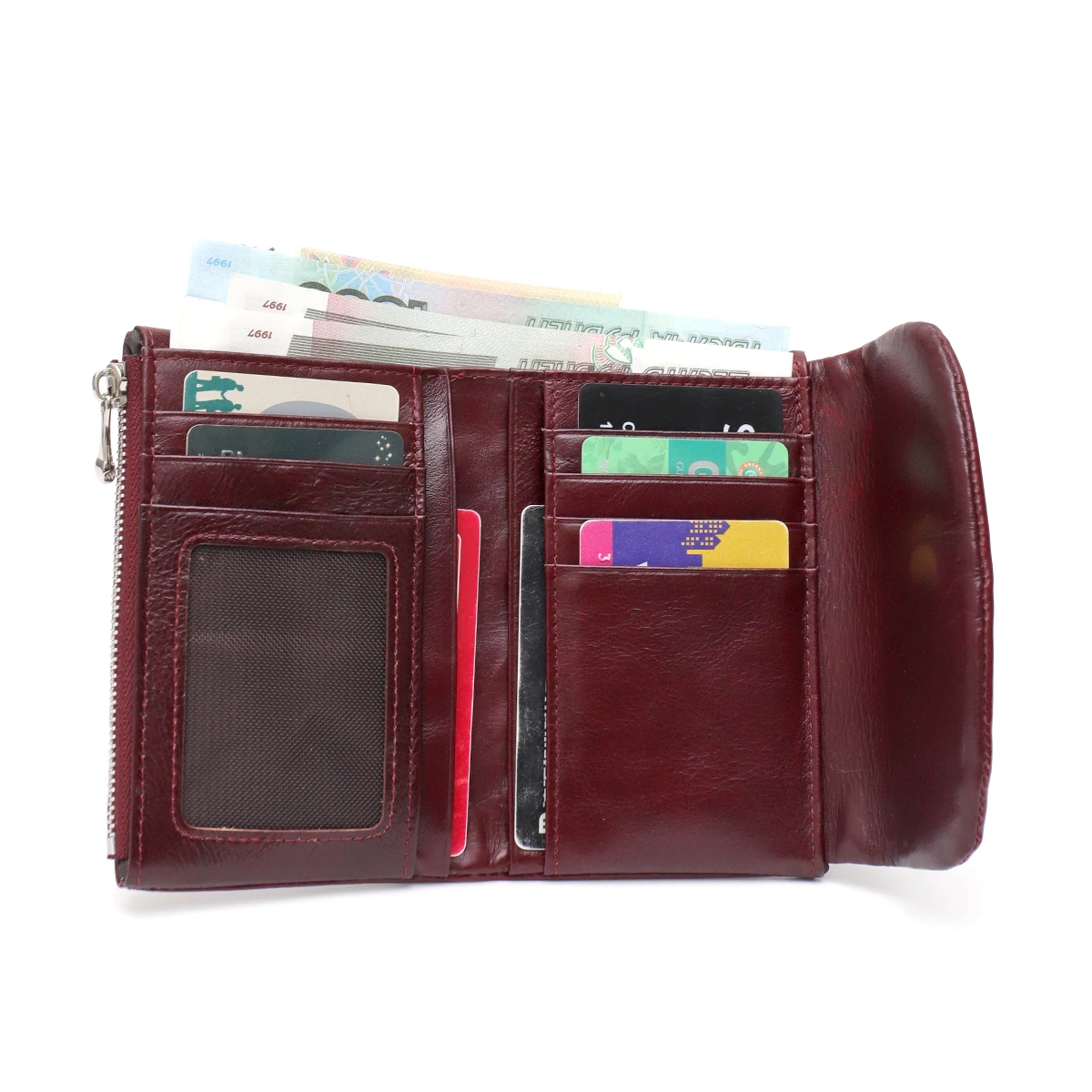 SC Women's Classic Oil Waxed Short Wallet Real Leather Minimalist Bifold Coin Purse Multi Slots Card Holder Portable Daily Use