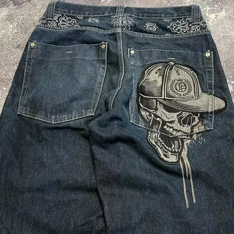 American Y2K Hip Hop Fashion Trend Skull Embroidery Spot Jeans Men Street Loose Straight Wide-leg Pants Couple Oversized Jeans