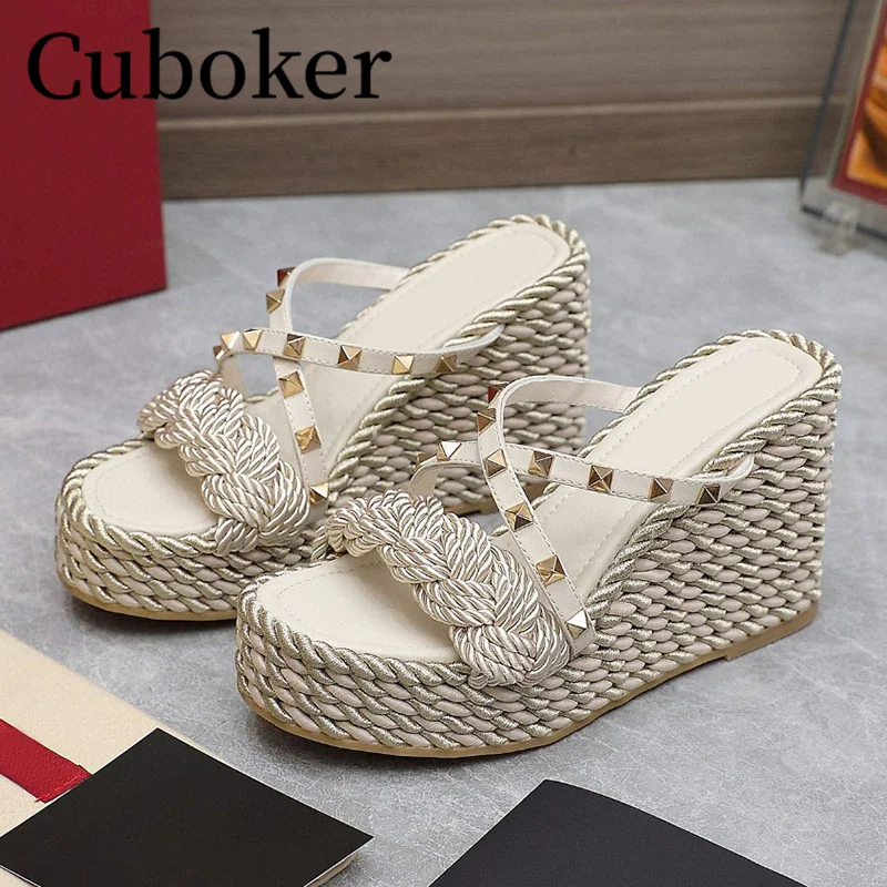 Designer Platform Wedge Women\'s Slippers Woven Sole Rivet Decor Mules Thick Sole Sexy High Heel Fashion Vacation Women Shoes