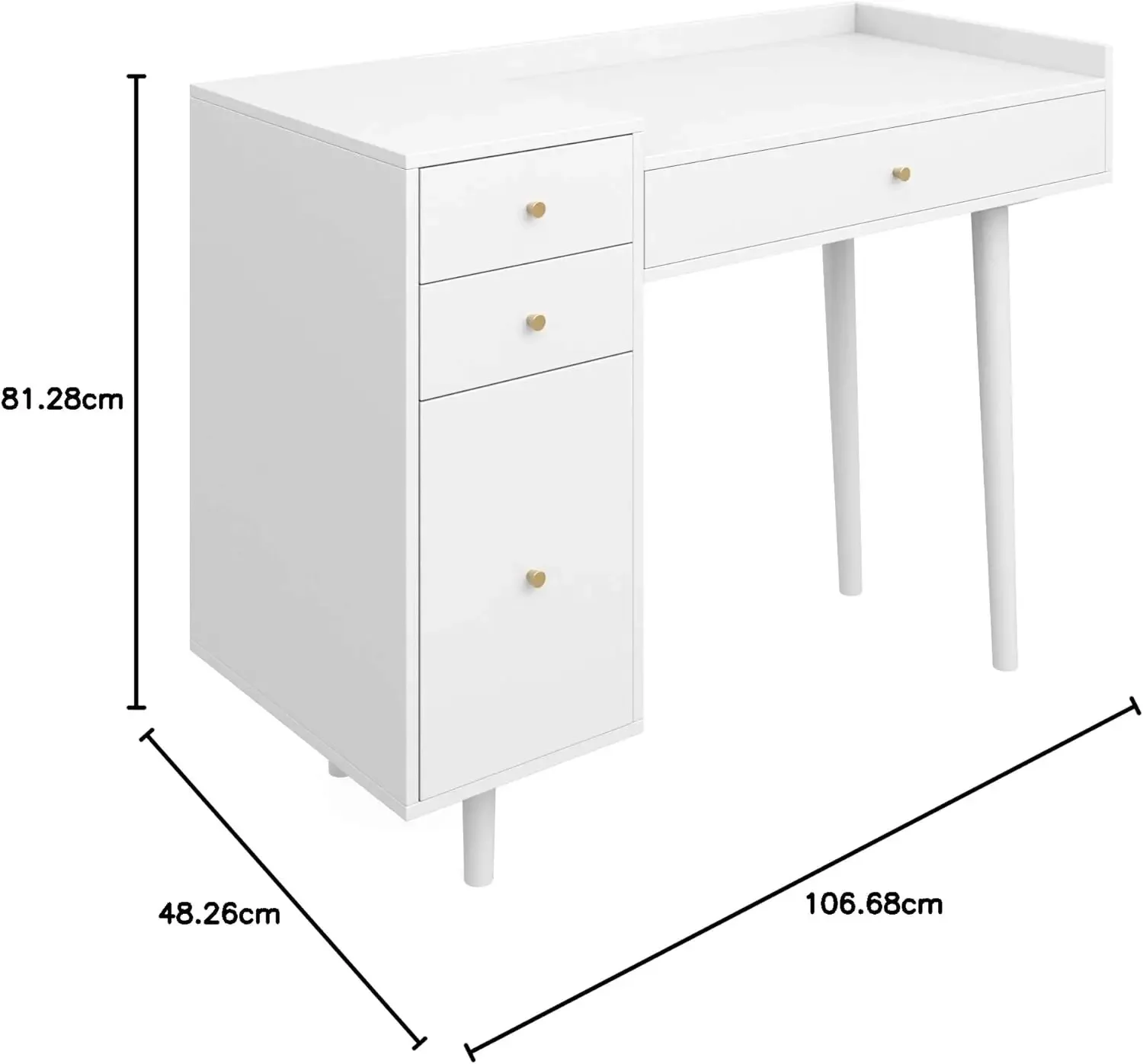 Nathan James-Vanity Dressing Table or Makeup Desk, 4 Drawers and Brass Accent Knobs, White Wood