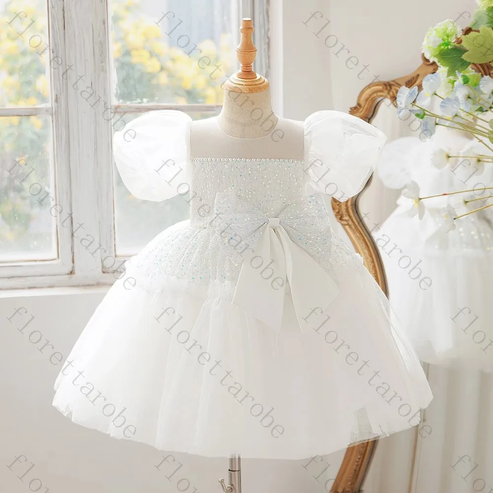 Customized White Flower Girl Dress A Line Short O Neck Puff Sleeve Sequin Tulle Bow Rhinestone Wedding Kids Party Princess Gown