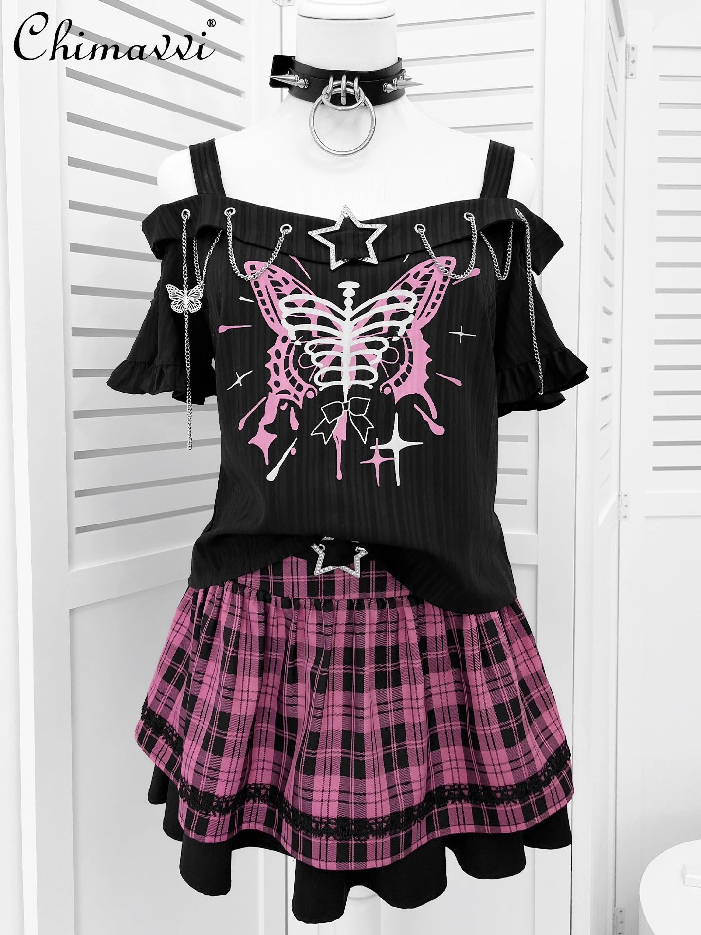 

Original Design Subculture Sweet and Cool Girl Short-sleeved Top Skirt Two-piece Set 2025 Summer New Women's Skirt Sets
