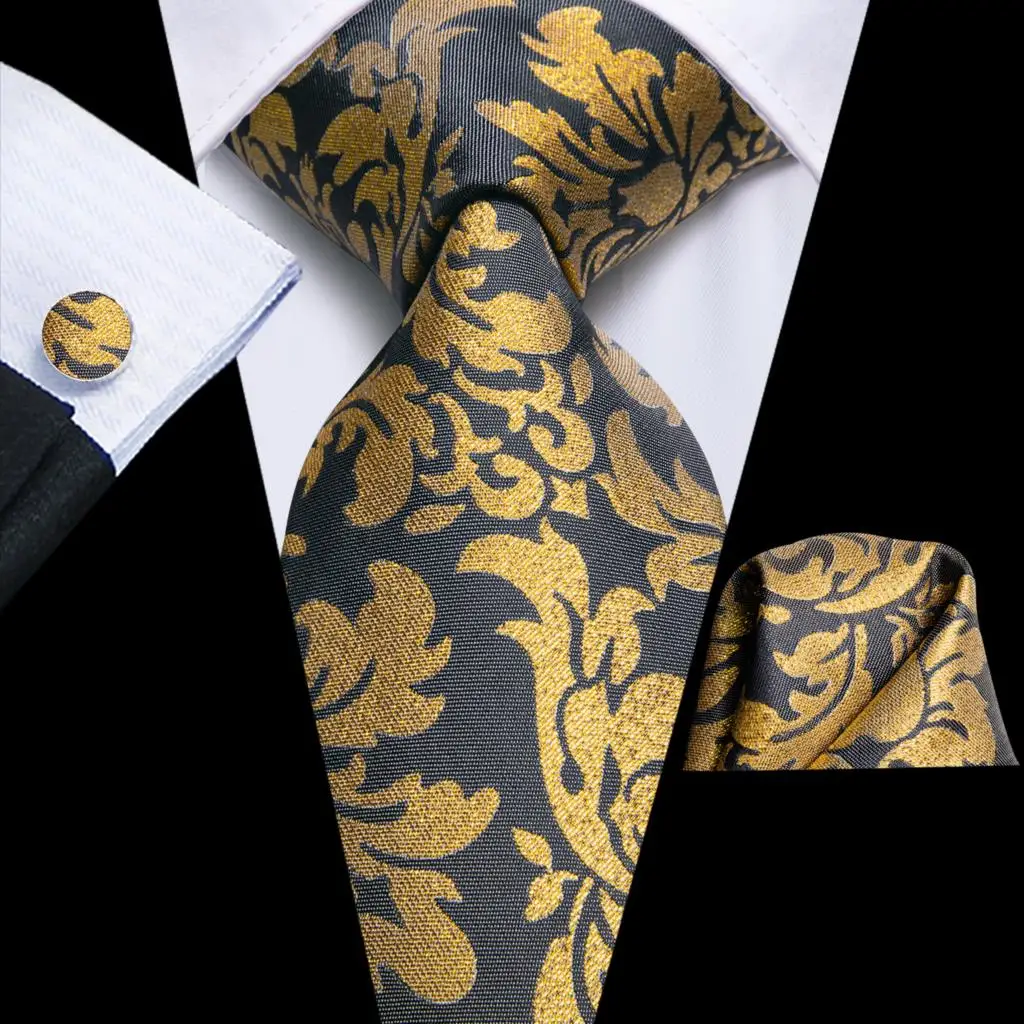 

Gold Grey Floral 2023 New Elegant Men's Ties Hanky Cufflinks Silk Neckties For Men Wedding Party Business Fashion Brand Hi-Tie