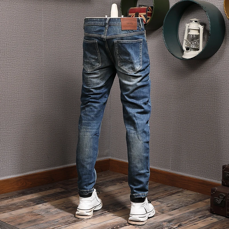 European Vintage Fashion Men Jeans Retro Dark Blue Elastic Slim Fit Ripped Jeans Men Trousers Casual Designer Denim Pants Hombre