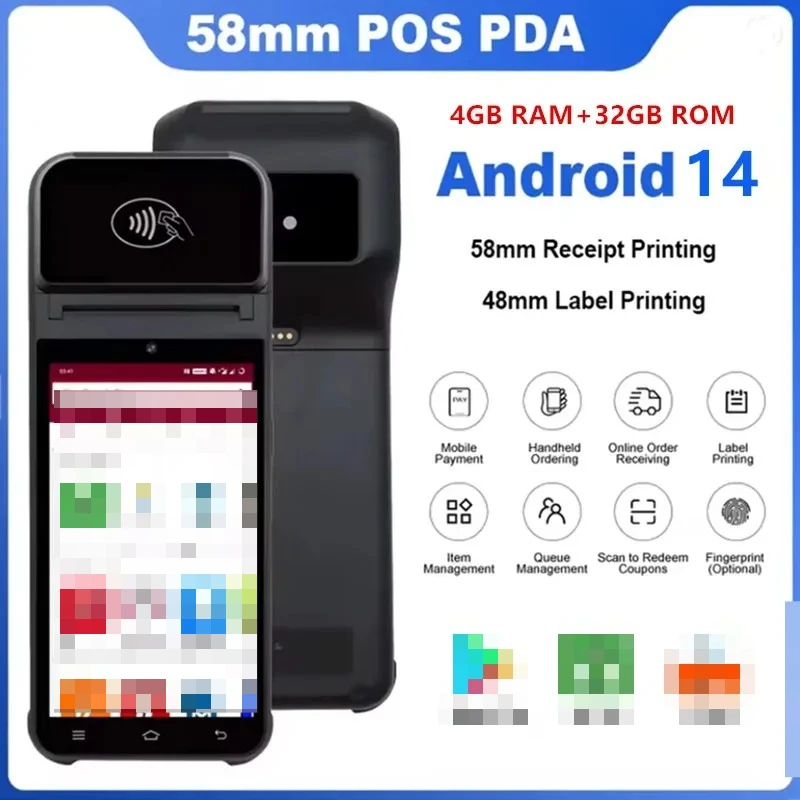 Android 14 Handheld Payment POS Terminal PDA Cash Register with 58mm Thermal Printer NFC Scanner for Mobile Ticket Bill Payment