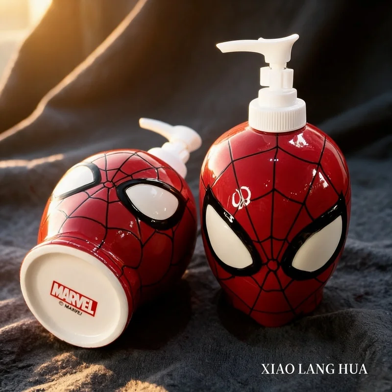 セラミック製スパイダーマンプレスディスペンサーボトル-マーベルキャラクター液体ソープローションポンプボトル-バスルームホームデコレーション用