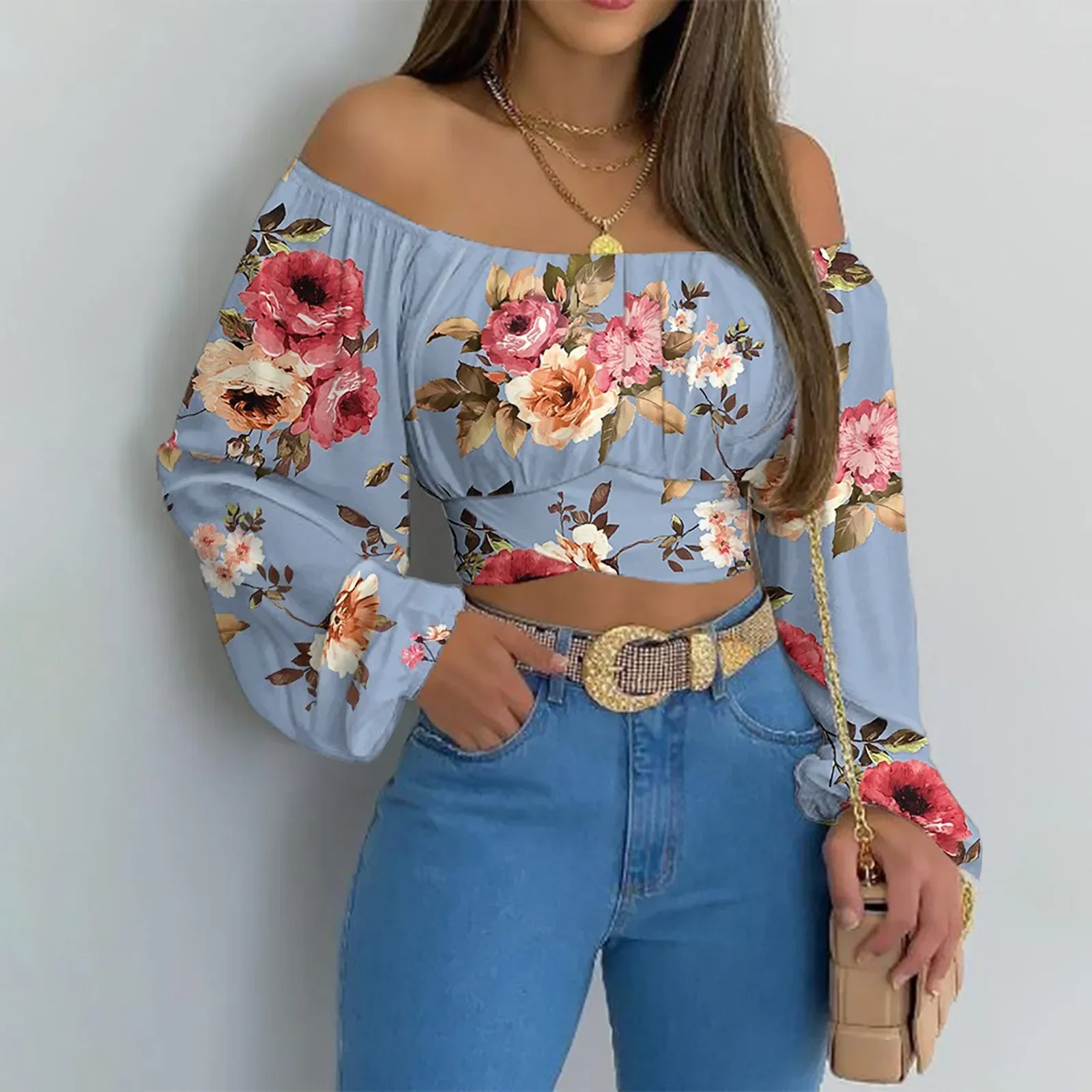 Women Elegant Off Shoulder Print Blouse Sexy Lace Up Bow Backless Slim Shirt Casual Long Sleeve Chic Crop Top Streetwear Tunic