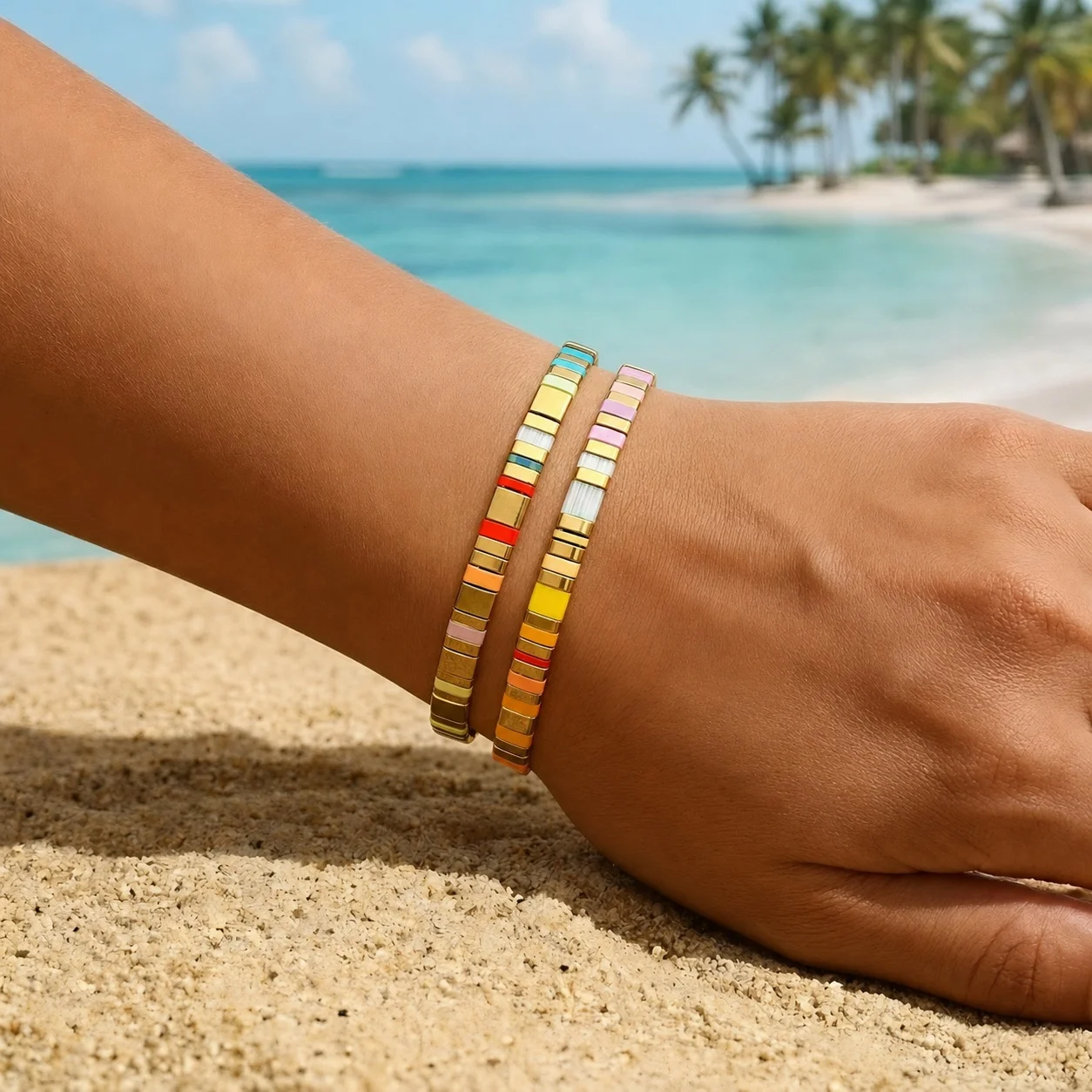 2pcs Colorful Glass Tile Beaded Bracelet for Women Trendy Geometric Stretch Stacking Wristband Summer Beach Style