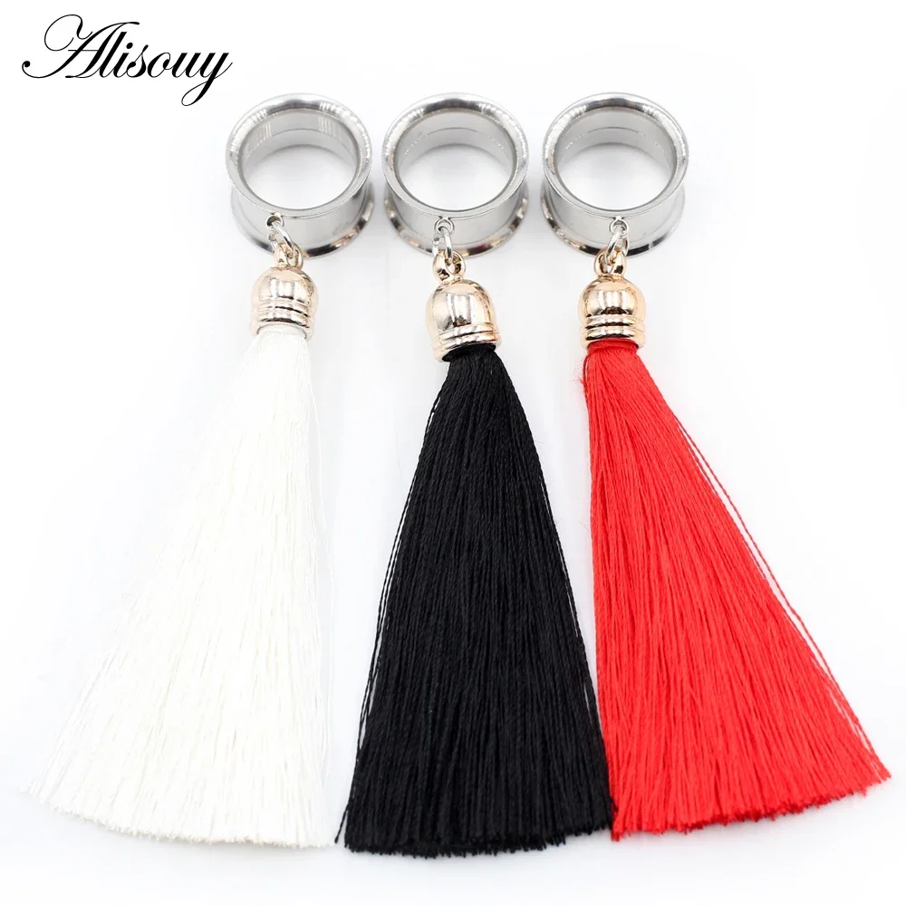 Alisouy 2Pieces Dangle Tassels Stainless Steel Ear Tunnel Plugs Gauges Flesh Tunnel Piercing Ear Expander Expansion 6mm-16mm