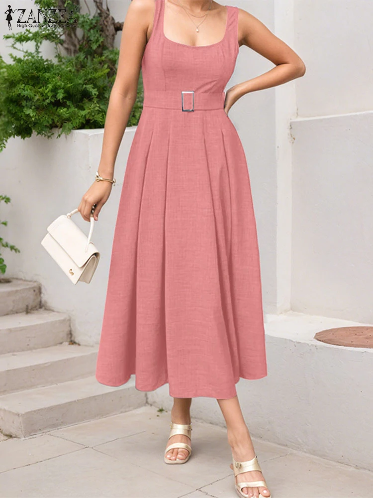 여름 드레스 ZANZEA 우아한 여성 미디 Sundress 섹시한 민소매 스퀘어 칼라 캐주얼 솔리드 파티 가운 벨트 오피스 롱 베스 티드