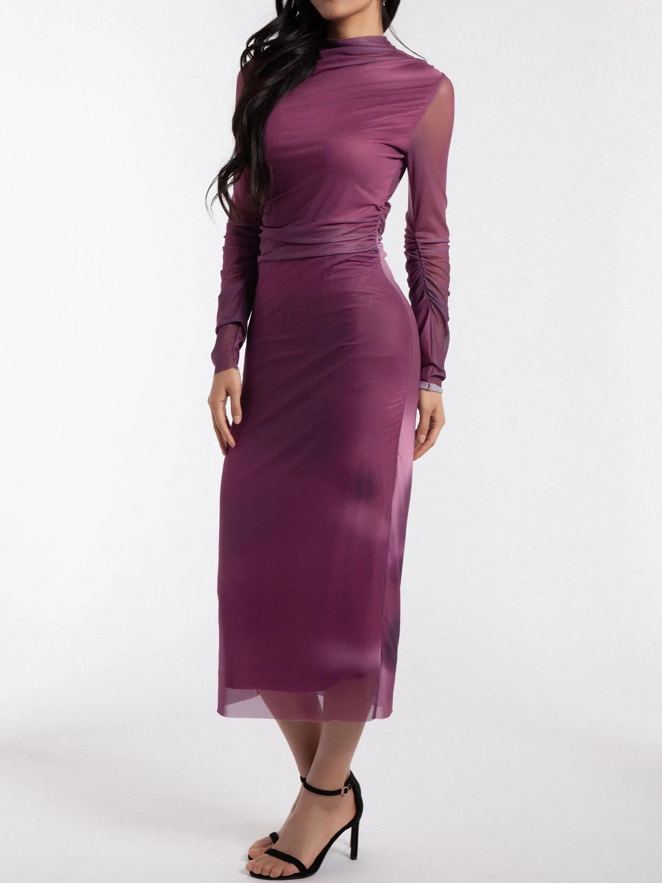 

Spring New Women's Mesh Dress Gradient Folded Slim Long Sleeve Dress Sexy Elegant Semi High Collar Dress