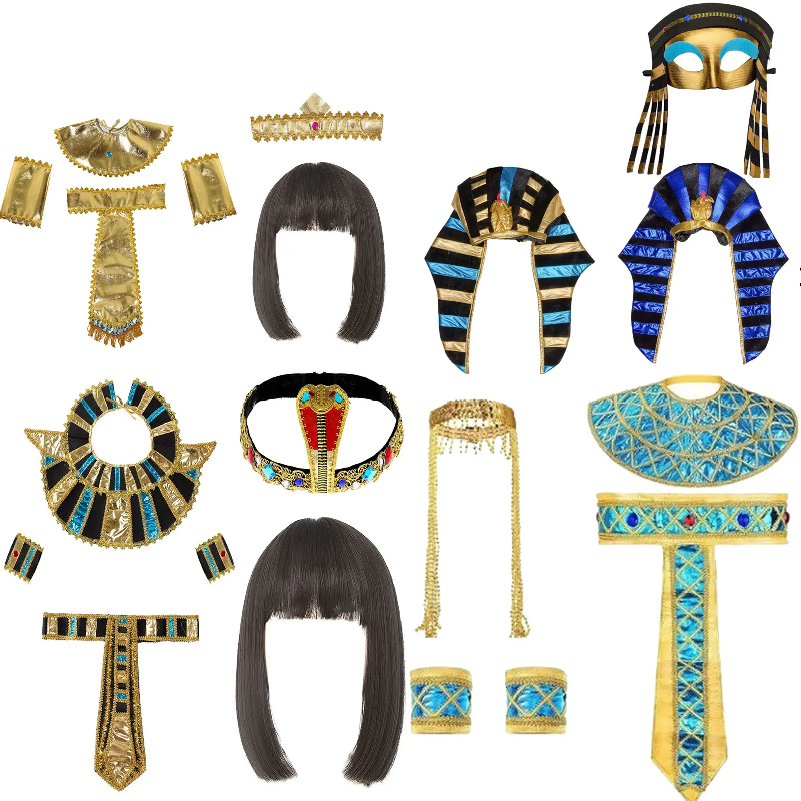 20 Style Egyptian Costume Accessories Set Egyptian Pharaoh Headpiece Egyptian Collar Wristbands for Halloween Role Play Cosplay