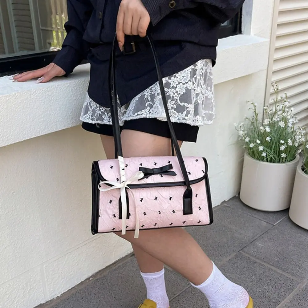 

Portable French French Stick Handbag PU Bow Ribbon Underarm Bag Sweet Large Capacity Bow Shoulder Bag Travel