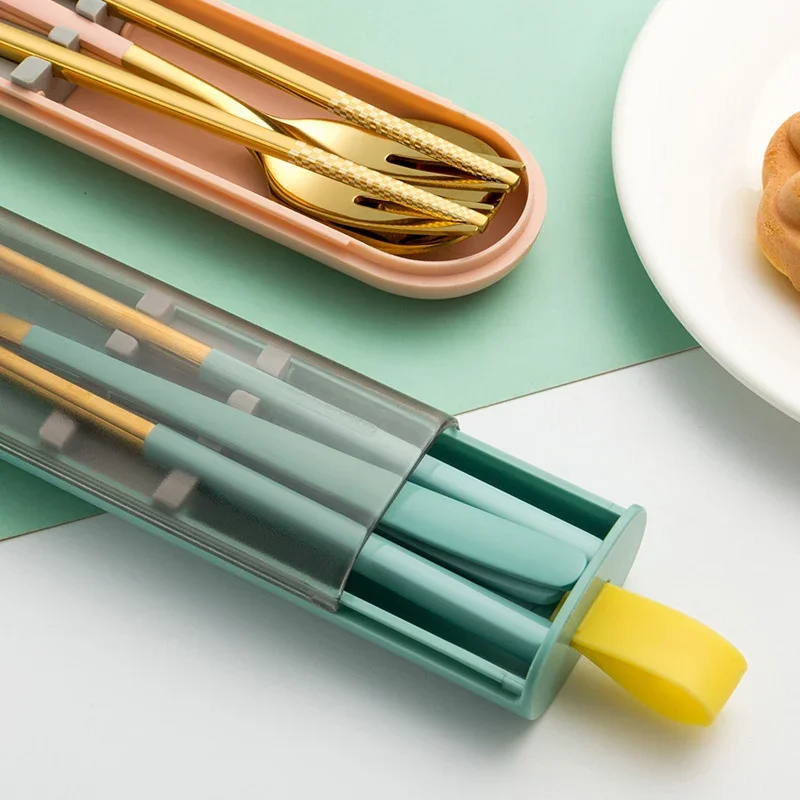 3Pcs Dinnerware Set Spoon Fork Chopsticks Cutlery with Box Portable 304 Stainless Steel Tableware for Travel Camping