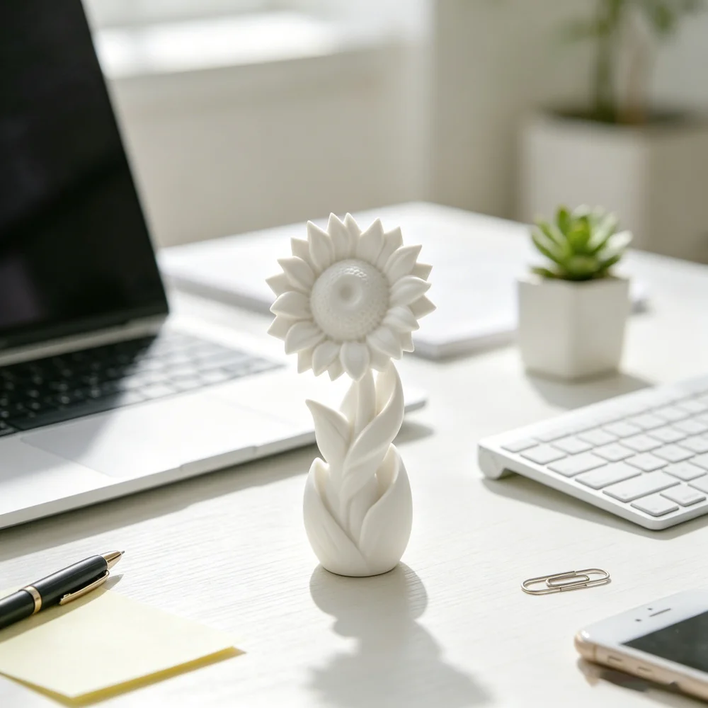 Minimalist White Sunflower 3D printed figurine Ornament  Nightstand Bookshelf Decor Bedroom Desktop Decor for Home Decor Lovers