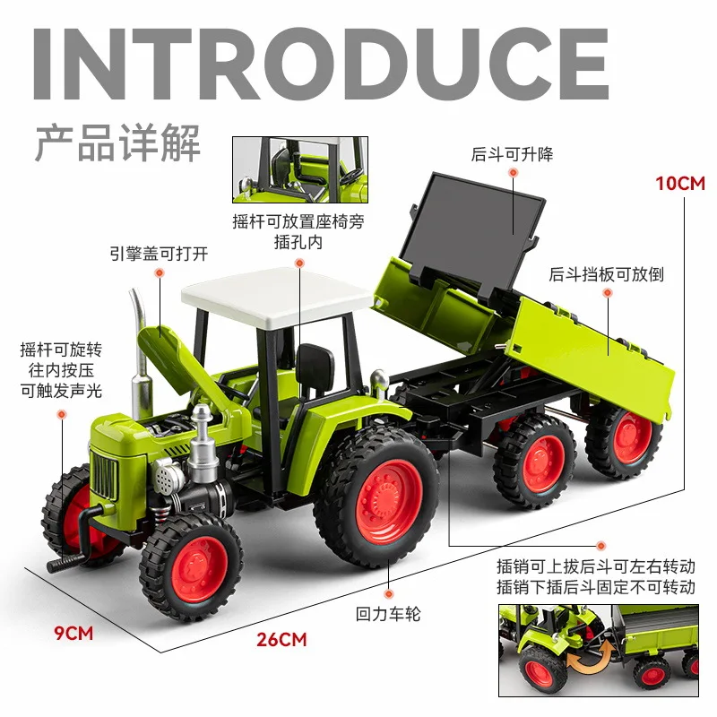 Chezhi Farm Tractor Model Alloy Simulation Pull Back With Sound And Light Detachable Dump Trailer For Collectors Decoration