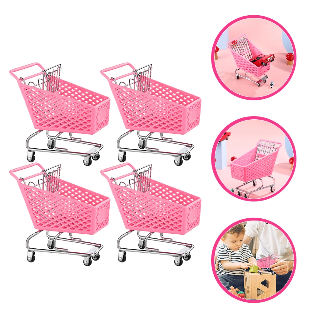 4-delige winkelwagen mini decoratieve trolley speelgoed kinderopslag boodschappenwagentjes roze kind