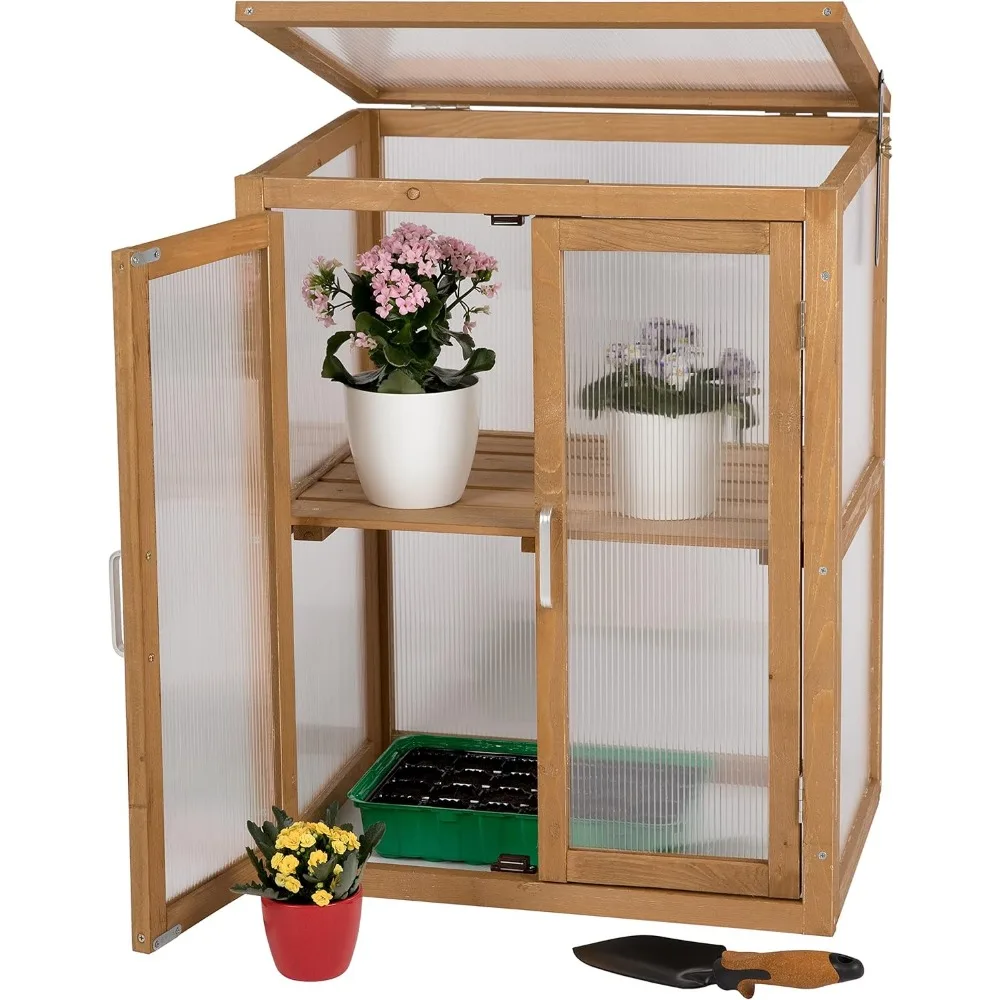 

needs&wants Mini Greenhouse Wooden Cold Frame with Roof Vent, Small Portable Raised Flower Planter Shelf Bed Protection, Lockabl