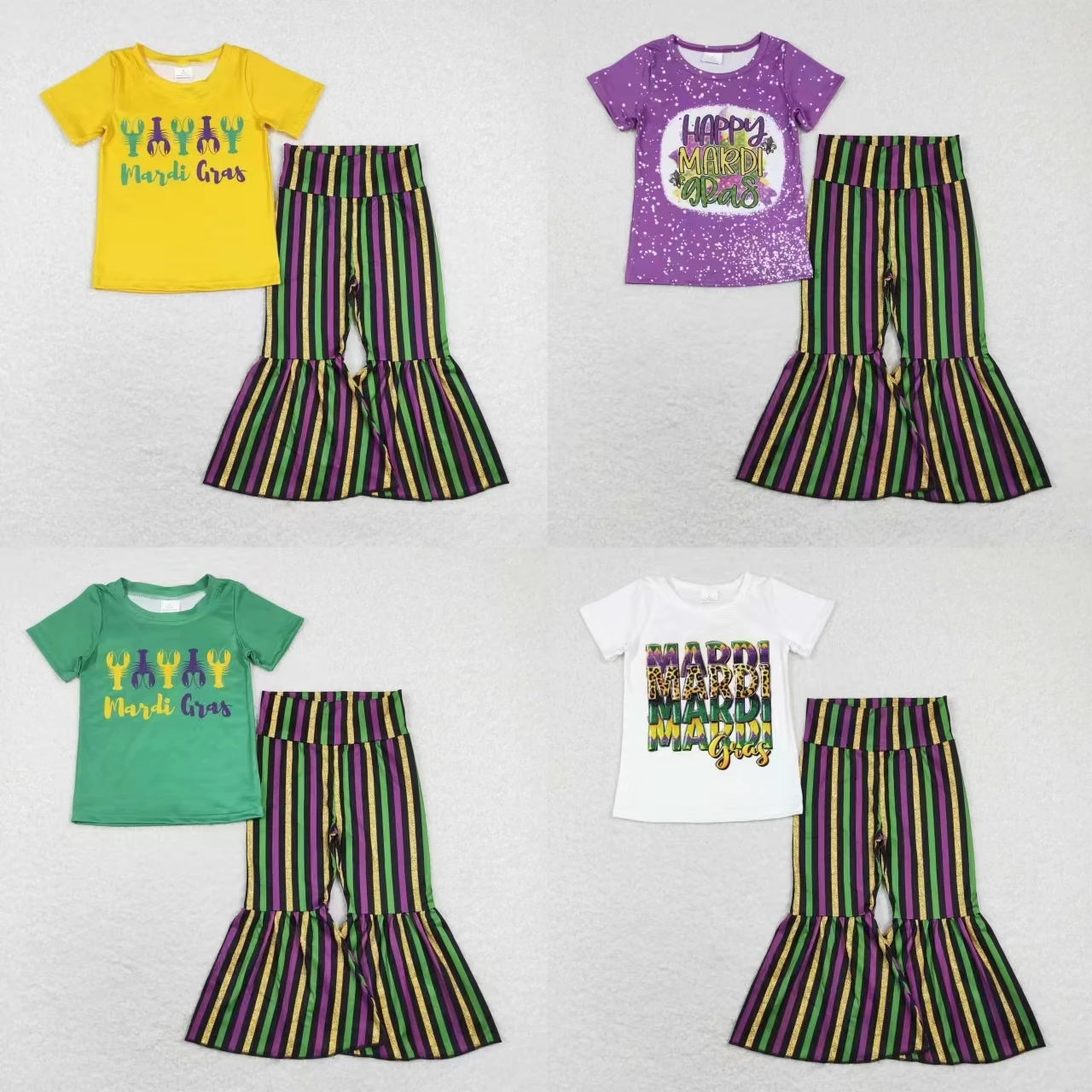 

Wholesale Kids Mardi Gras Set Baby Girl Short Sleeves T-shirts Toddler Children Stripes Bell Bottom Pants Crawfish Outfit