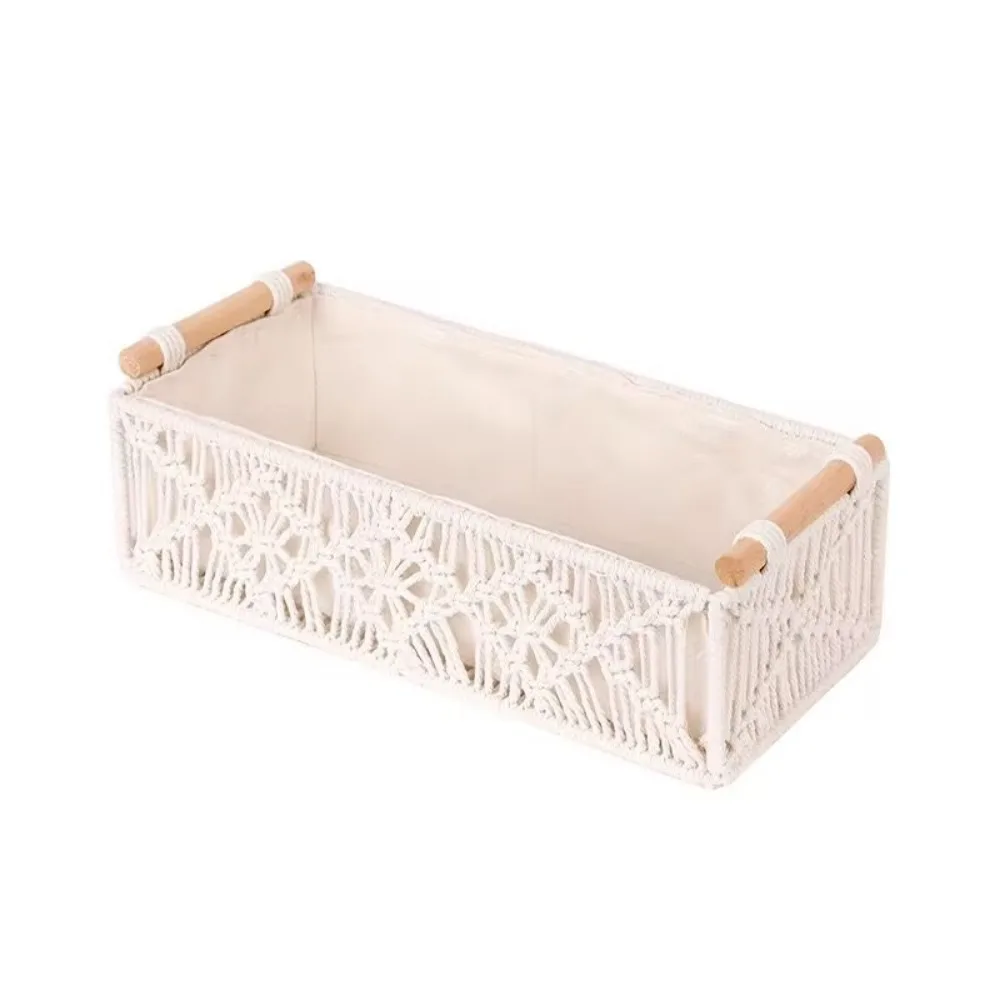 

Cotton Rope Hand Woven Storage Box Decorative Grid Designed Macrame Organizer Box with Handle Boho Decor