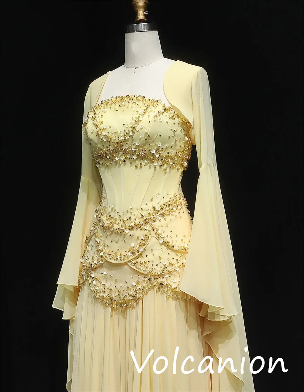 Personalizado estilo chinês chiffon lantejoulas plissado a linha vestidos longos recortados sob medida ocasião brilho