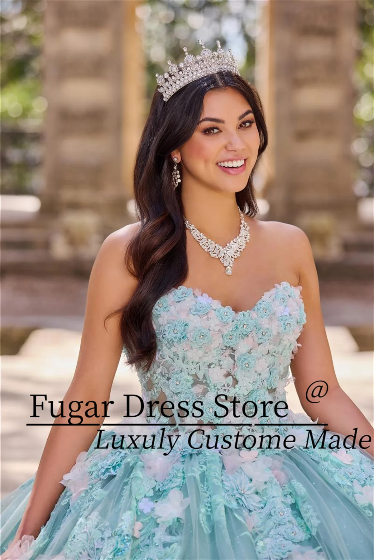 Customized Princesa Quinceanera Dresses Elegant Three Dimensional Flowers Shiny Chiffon Ball Gown Vestidos de 15 quinceañe