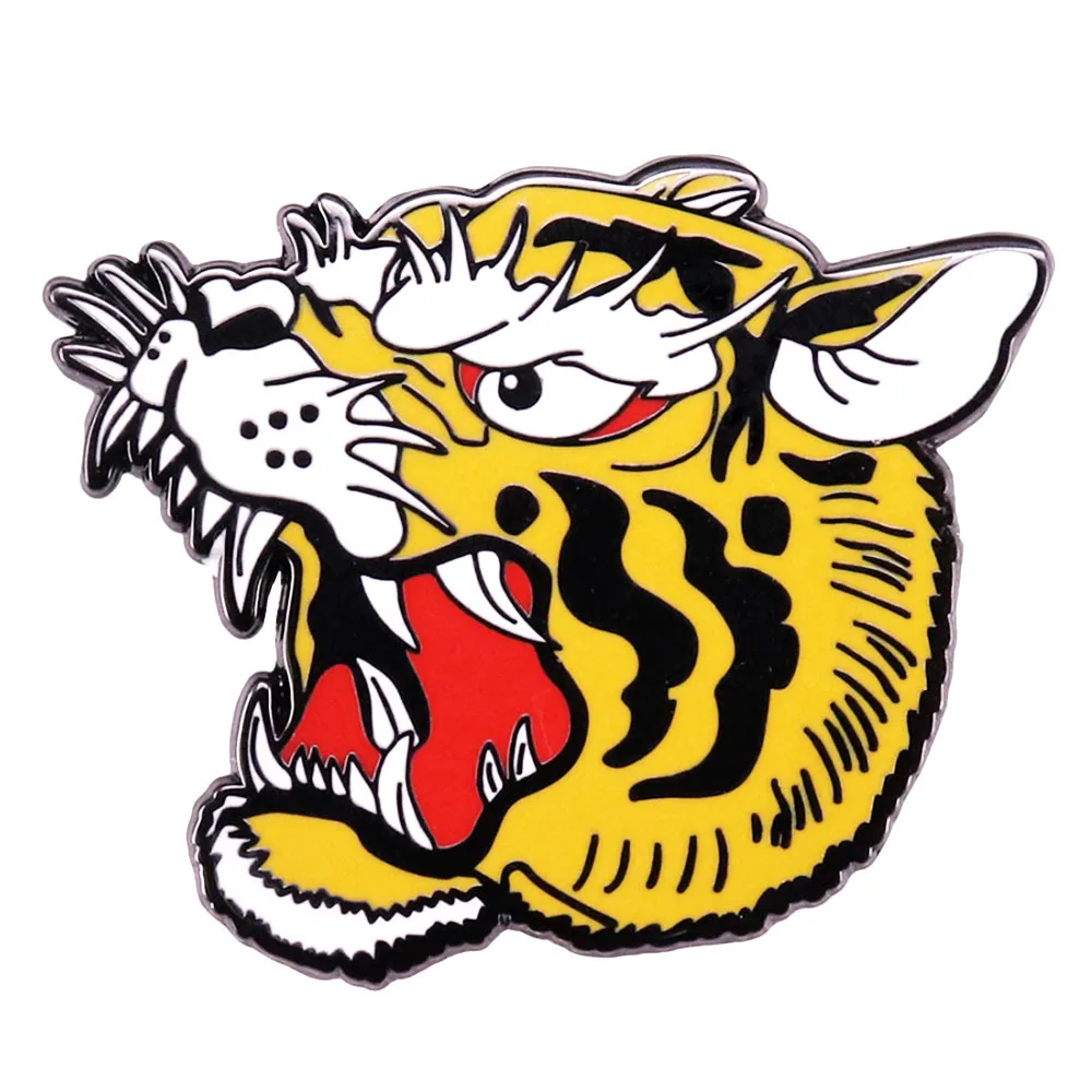 1pc Old School Roaring Tiger Head Enamel Pin Tattoo Style Lapel Badge Jacket Backpack Decor Gift