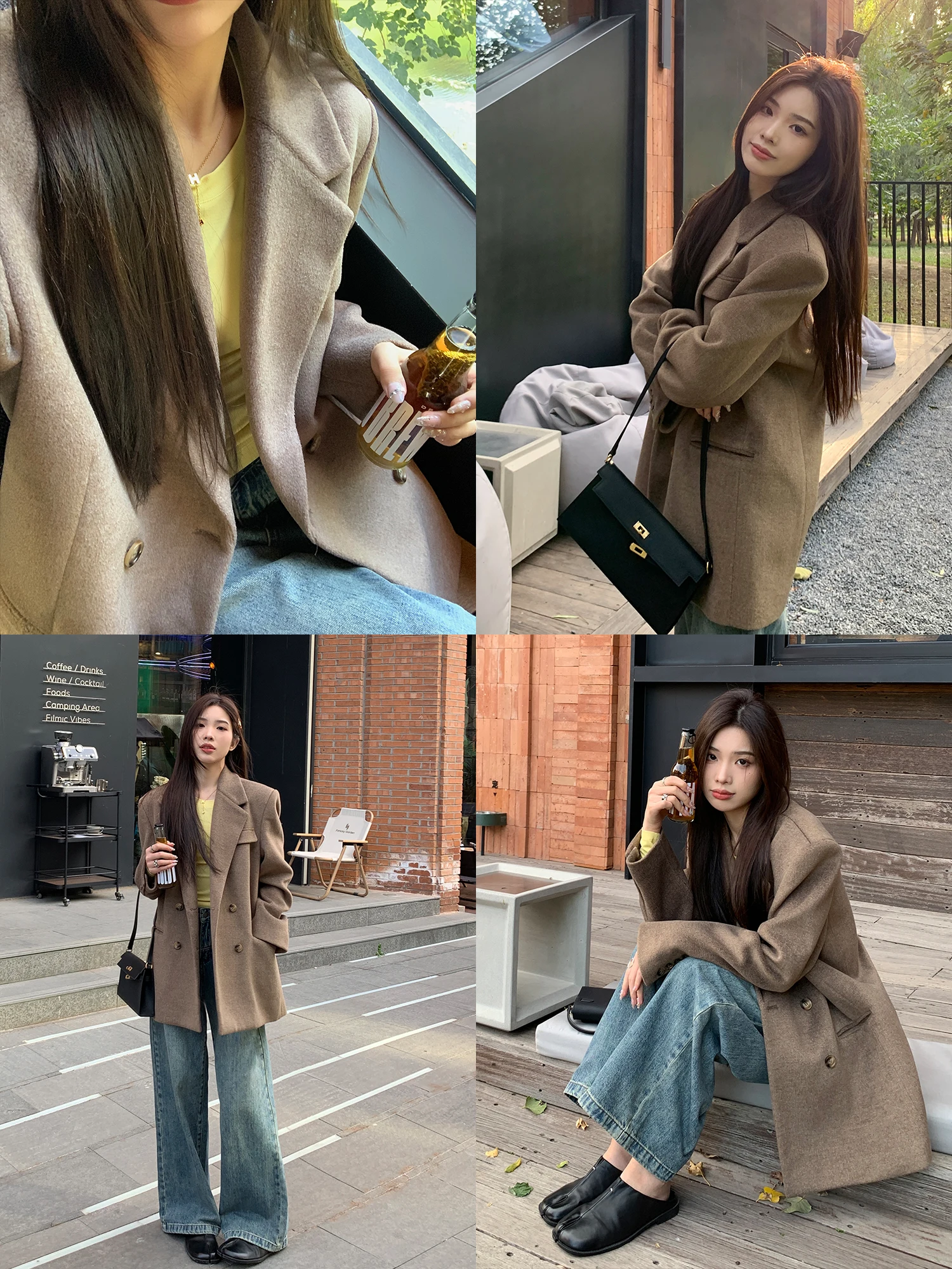 

Женское утепленное шерстяное пальто ChenMiFan свободного кроя, повседневное, двубортное, с длинными рукавами, однотонное