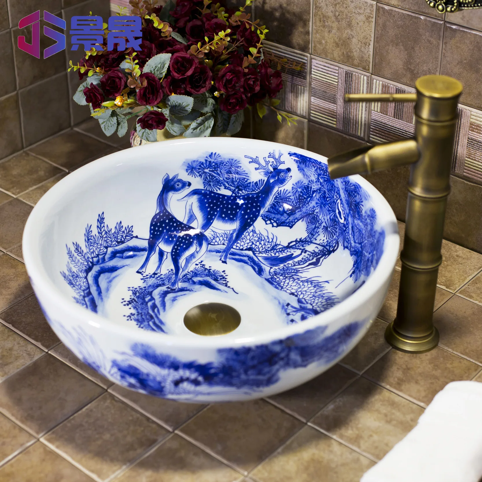 Jingdezhen factory directly hand ceramic wash basin bathroom sinks blue flower shape