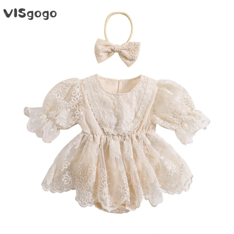 VISgogo 0-24Months Baby Girls Lace Romper Dress Set Summer Floral Embroidery Short Sleeve Jumpsuits and Elastic Headband Outfit