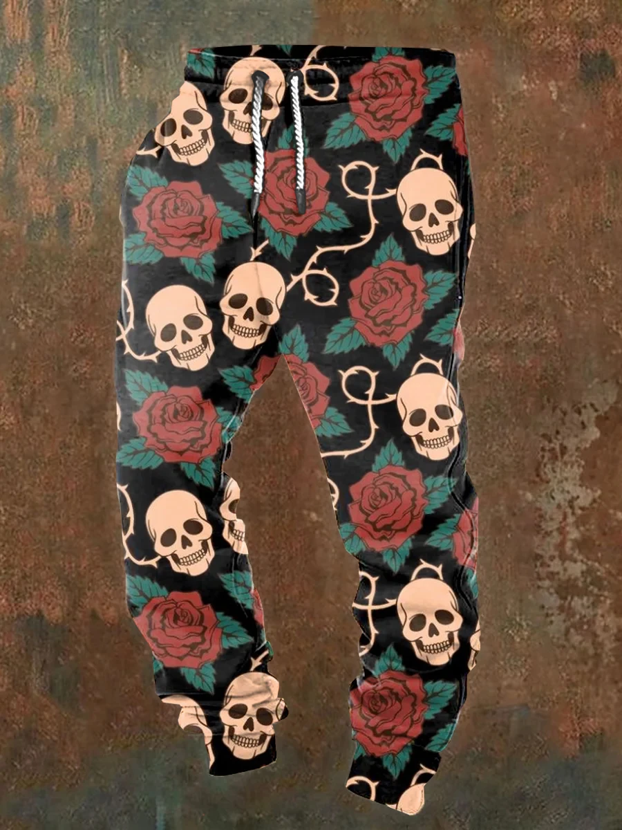 Men's casual jogging pants with drawstrings and Halloween skull prints, suitable for outdoor wear, autumn and winter fashion view 3