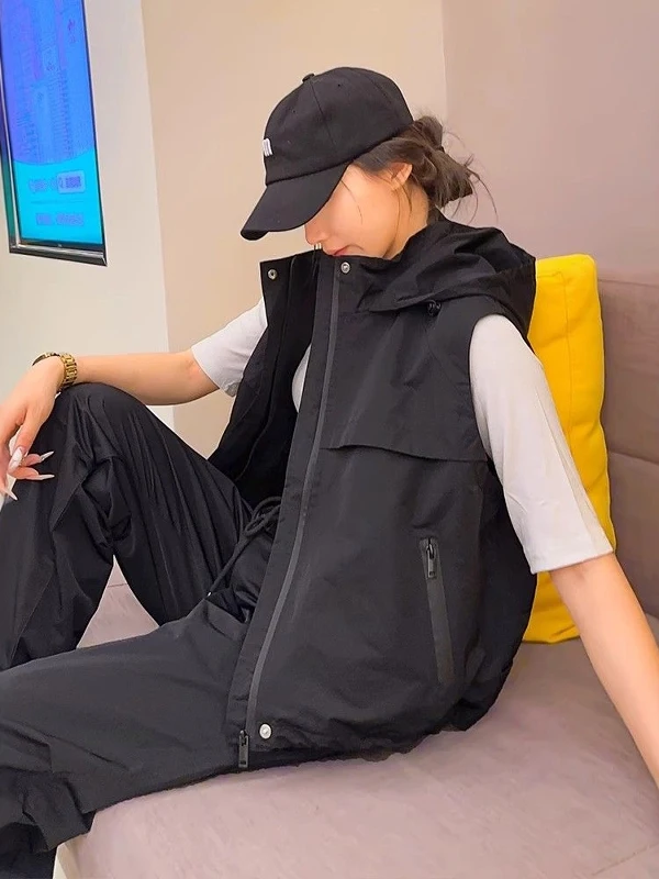 

Women's Hooded Jaet Vest Autumn New Sle Outdoor Sports Slimming Large Size Svel Outerwear Faionable Commute