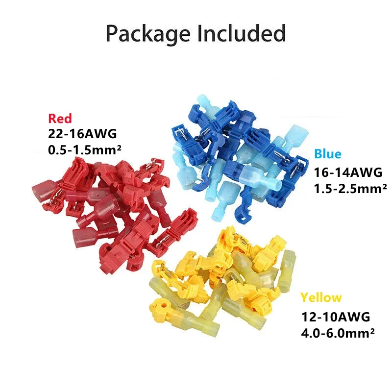 50Pcs  T-tap Wire Cable Connectors Terminals Crimp Quick Splice Electrical Car Audio Tool Set Red Blue Yellow