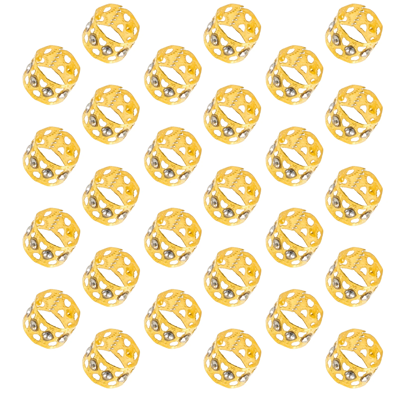 

50pcs Rings Gold Beads Hollow Metal Rhinestone Design Durable Crochet Braiding Extensions Hair Jewelry Women Hair Accessories