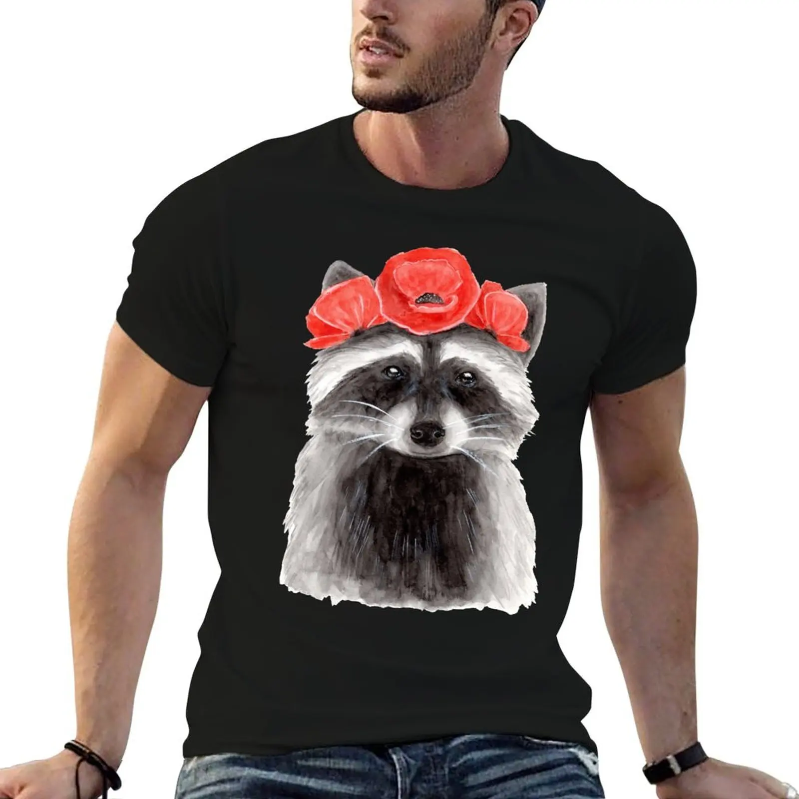 

Raccoon with Flowercrown - Watercolour Painting T-Shirt man t shirt summer cotton t shirts high quality T-Shirt