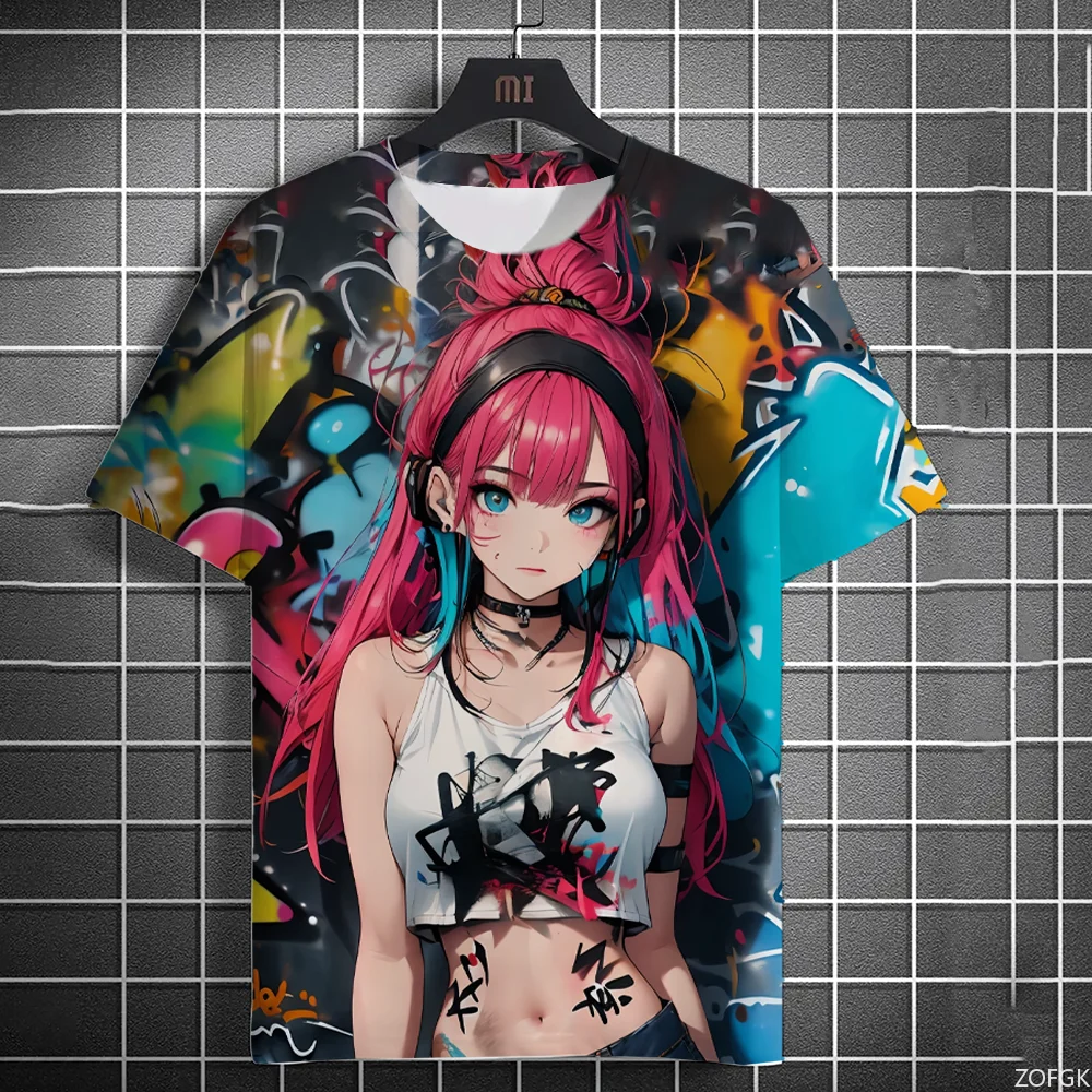 2024 Men's T-shirt Anime Character Graffiti T-shirt 3D Sexy Beautiful Printed T-shirt Trendy Men's and Women's Short Sleeve Top #1