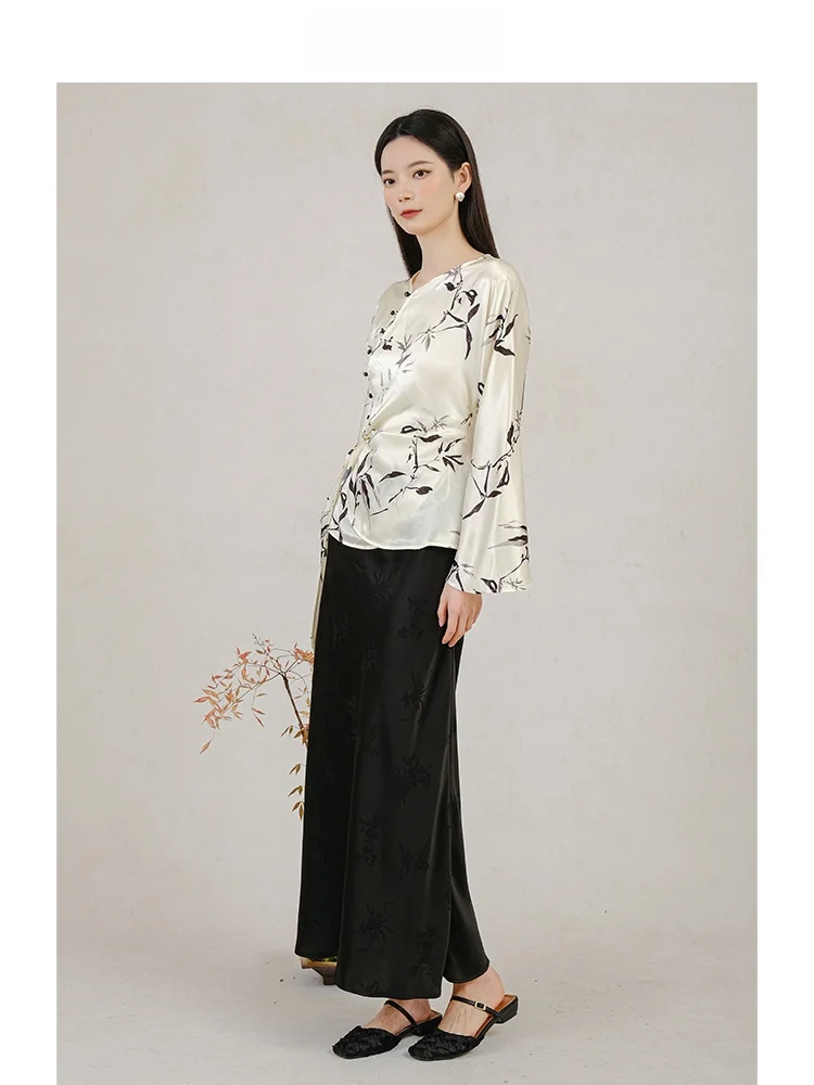 

ibai New Chinese Sle Silk Smooth Acetate Print Bamboo Le Drapey Top Women's Faion Spring Autumn Original Design