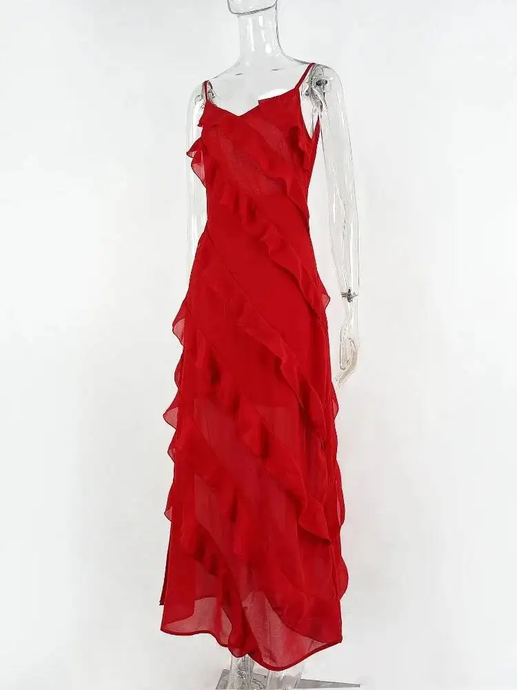 2025, Sommermode, neue elegante Damen, sexy Chiffon, Urlaubsstil, Sling-Kleid mit Rüschenrand-Stil, langes Kleid, Kleider GZV8