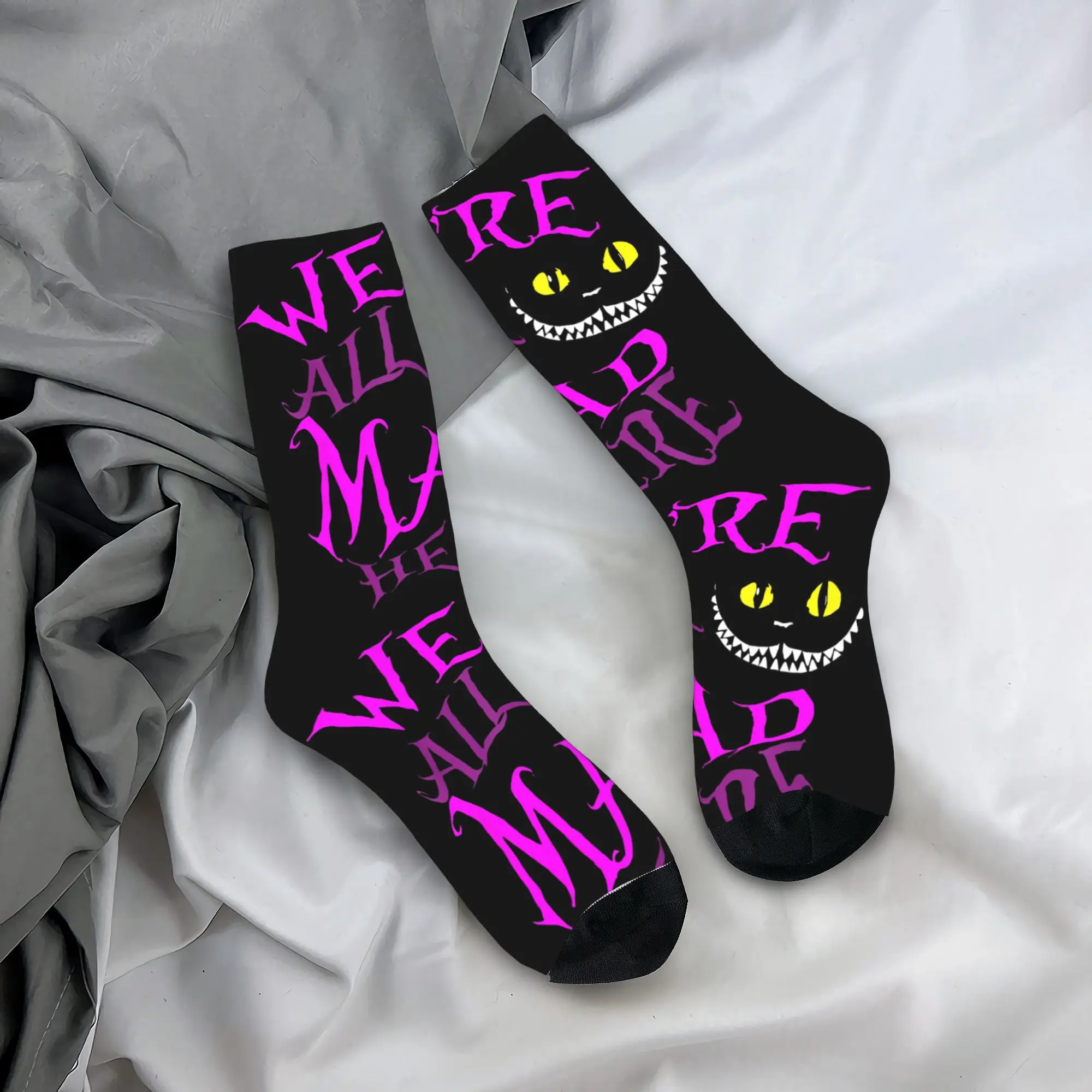 Colorful Alice in Wonderland Cheshire Cat Stockings Basketball Socks We're All Mad Here Polyester Long Socks Women Men Non-slip