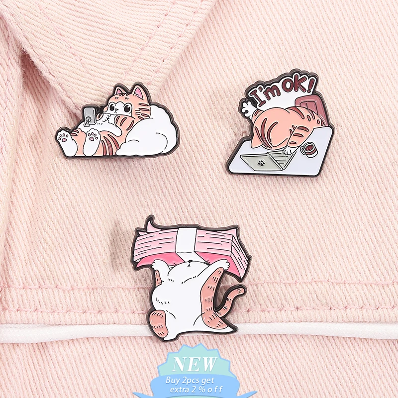Working And Resting Cats Enamel Pins Funny Cute Sweet Cartoon Cats Brooch Backpack Lapel Badge Jewelry Gift For Fans Friends